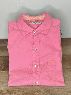 Tommy Bahama Men's Nova Wave Seersucker Camp Shirt (Pink Confetti, Large)